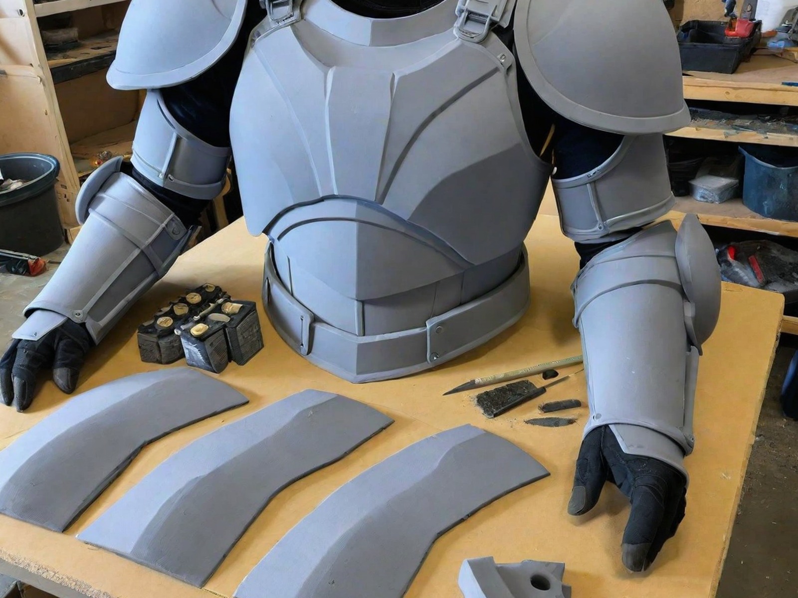Illustrative foam armor pieces taking shape on a maker’s workbench